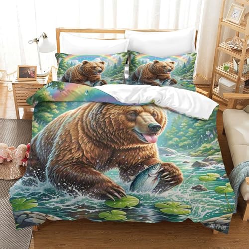 LYJSMDAAA Brown Bear Bettbezug Set 3D Gedruckter Mädchen Junge Kinder Bettwäschegarnitur Reissverschluss Und Kissenbezüge Weich Microfaser Bettwäsche 3 Teilig Single（140x200cm） von LYJSMDAAA