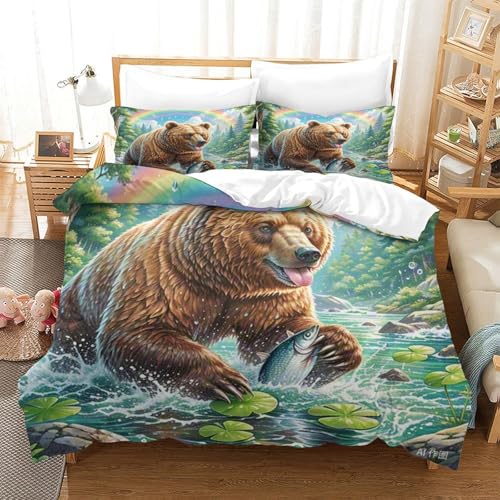 LYJSMDAAA Brown Bear Bettbezug Set Mädchen Junge Kinder 3D Gedruckter Bettwäschegarnitur Weich Microfaser Reissverschluss Bettwäsche Und Kissenbezüge 3 Teilig Super King（260x220cm） von LYJSMDAAA