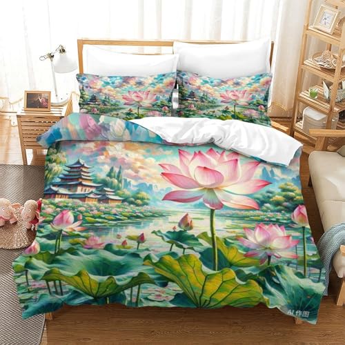 LYJSMDAAA Lotus Flower Bettwäschegarnitur 3D Gedruckter Für Kinder Mädchen Jungen Bettbezug Set Und Kissenbezüge Reissverschluss Weich Microfaser Bettwäsche 3 Teilig Super King（260x220cm） von LYJSMDAAA