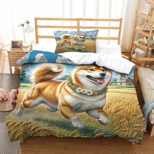 LYJSMDAAA Shiba Inu Mädchen Junge Kinder Bettwäschegarnitur Bettbezug Set 3D Gedruckter Weich Microfaser Bettwäsche Und Kissenbezüge Reissverschluss 3 Teilig Single（135x200cm） von LYJSMDAAA