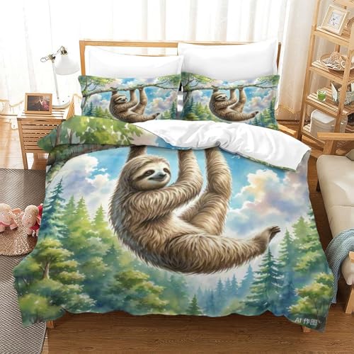 LYJSMDAAA Sloth 3D Gedruckter Bettbezug Set Bettwäschegarnitur Für Kinder Mädchen Jungen Reissverschluss Und Kissenbezüge Weich Microfaser Bettwäsche 3 Teilig Super King（260x220cm） von LYJSMDAAA