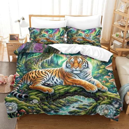 LYJSMDAAA Tiger Für Kinder Mädchen Jungen Bettbezug Set 3D Gedruckter Bettwäschegarnitur Reissverschluss Weich Microfaser Und Kissenbezüge Bettwäsche 3 Teilig Super King（260x220cm） von LYJSMDAAA