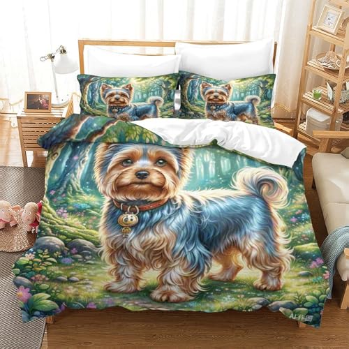 LYJSMDAAA Yorkshire Terrier Für Kinder Mädchen Jungen Bettbezug Set 3D Gedruckter Bettwäschegarnitur Weich Microfaser Bettwäsche Reissverschluss Und Kissenbezüge 3 Teilig Double（200x200cm） von LYJSMDAAA