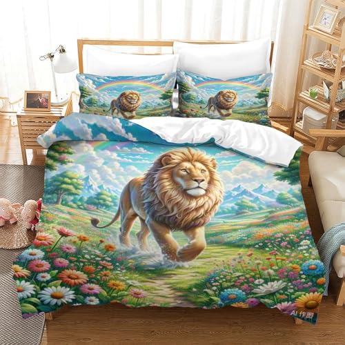 Lion 3D Gedruckter Für Kinder Mädchen Jungen Bettbezug Set Bettwäschegarnitur Bettwäsche Reissverschluss Und Kissenbezüge Weich Microfaser 3 Teilig Single（140x200cm） von LYJSMDAAA
