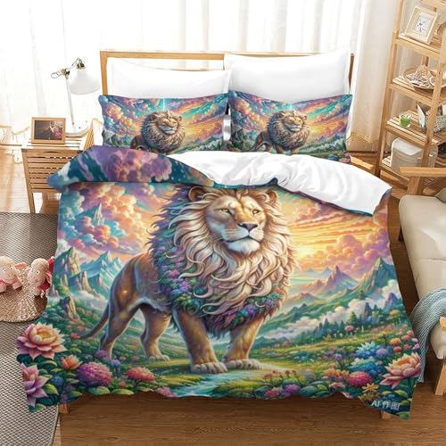 Lion Bettbezug Set Bettwäschegarnitur Für Kinder Mädchen Jungen 3D Gedruckter Reissverschluss Weich Microfaser Und Kissenbezüge Bettwäsche 3 Teilig Super King（260x220cm） von LYJSMDAAA