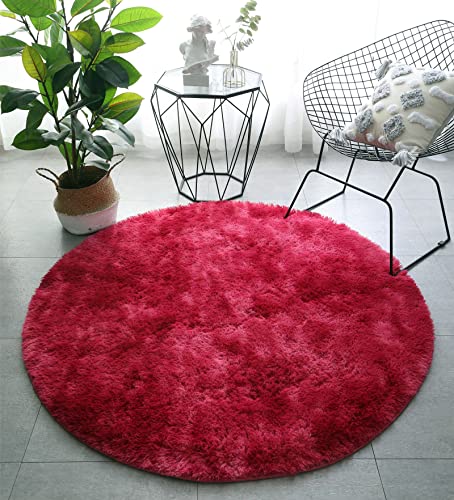 LYKEJI Runder Teppich, Langflor, Modern, für Wohnzimmer, Schlafzimmer, Esszimmer oder Kinderzimmer, Komfortable Hochflor-Bodenmatte Anti-Rutsch-Teppich (120cm X 120cm, Weinrote Farbe) von LYKEJI