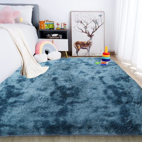 LYKEJI Teppich Schlafzimmer Flauschiger Hochflorteppich Extra weicher und kuscheliger Teppich Rutschfester Teppich für den Innenbereich für Wohnzimmer Schlafzimmer Mädchen Kinder (120x160cm, blau) von LYKEJI