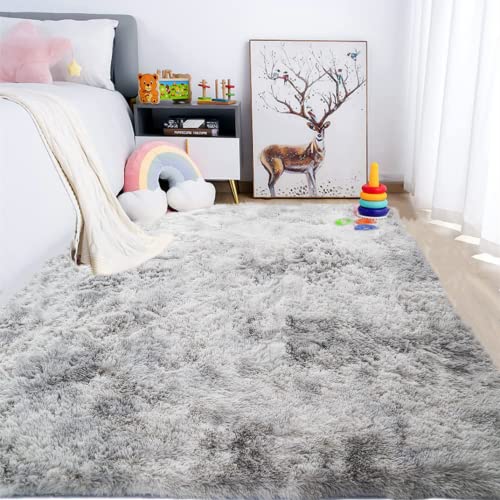 LYKEJI Teppich Schlafzimmer Flauschiger Hochflorteppich Extra weicher und kuscheliger Teppich Rutschfester Teppich für den Innenbereich für Wohnzimmer Schlafzimmer Mädchen Kinder (160x200cm, grau) von LYKEJI