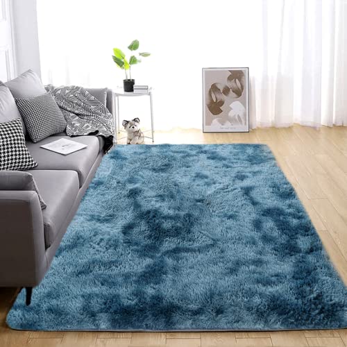 LYKEJI Teppich Schlafzimmer Flauschiger Hochflorteppich Extra weicher und kuscheliger Teppich Rutschfester Teppich für den Innenbereich für Wohnzimmer Schlafzimmer Mädchen Kinder (80x160cm, blau) von LYKEJI