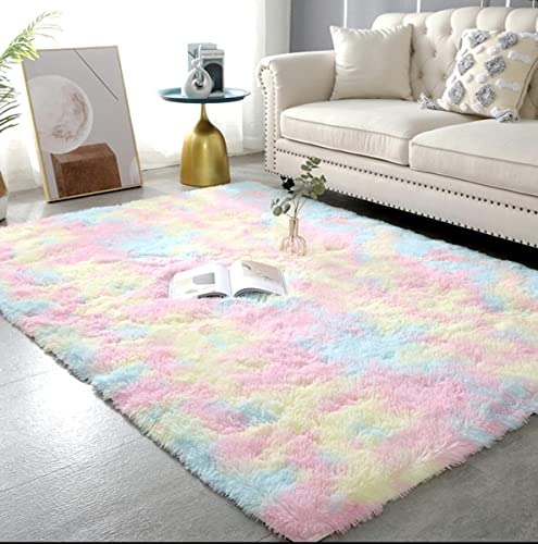 LYKEJI Teppiche Schlafzimmer Dekoration Teppich Flauschige Teppiche Shaggy Teppiche Lange Weiche Teppiche für Wohnzimmer rutschfeste Teppiche für Schlafzimmer Wohnzimmer (Regenbogen, 80X160CM) von LYKEJI