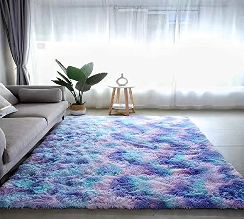 LYKEJI Teppiche Schlafzimmer Dekoration Teppich Flauschige Teppiche Shaggy Teppiche Lange Weiche Teppiche für Wohnzimmer rutschfeste Teppiche für Schlafzimmer Wohnzimmer (bunt blau, 120X160CM) von LYKEJI