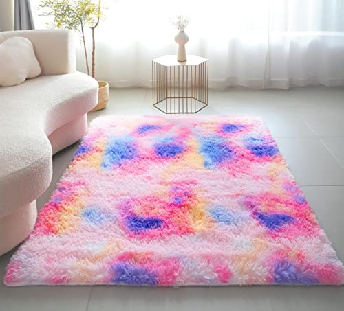 LYKEJI Teppiche Schlafzimmer Dekoration Teppich Flauschige Teppiche Shaggy Teppiche Lange Weiche Teppiche für Wohnzimmer rutschfeste Teppiche für Schlafzimmer Wohnzimmer (bunt rosa, 80X160CM) von LYKEJI