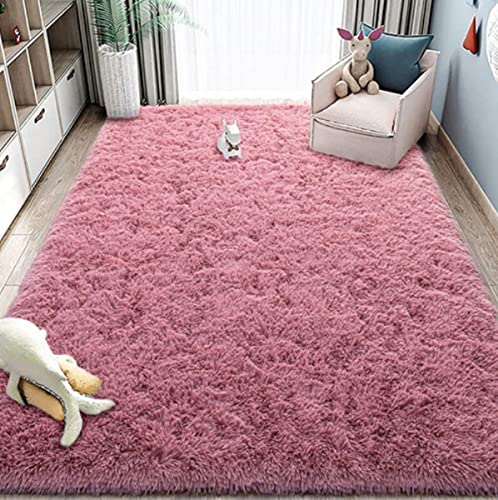 LYKEJI Runder Teppich, Langflor, Modern, für Wohnzimmer, Schlafzimmer, Esszimmer oder Kinderzimmer, Komfortable Hochflor-Bodenmatte Anti-Rutsch-Teppich (80x160cm, Bohnenrosa) von LYKEJI