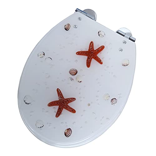 LYLFF Harz Toilettensitz Mit Abdeckung, 3D-Effekt-Heavy Duty Toilettenabdeckung Starfish, Echte Muschel Und Sand, for U/V/O Typ - Top-Fixieranschluss/Weicher Schließen von LYLFF