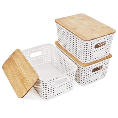 LYLIDIA 3 Stücke Aufbewahrungsbox mit Bambus Deckel Bad 5L Korb Plastikbox Weiß 25x18x10cm Lidded Stapelboxen Badezimmer Küche Aufbewahrungsboxen Rattan Organizer Box for Regal Schränke Kabinett von LYLIDIA