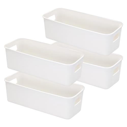 LYLIDIA 4 Stück Aufbewahrungsbox Organizer Box Behälter 30x11x9.5 cm Weiß Eng Aufbewahrung Bad Boxen Kunststoff Körbe Klein Ordnungsboxen für Küchen Badezimmer Regal Kunststoffbox von LYLIDIA