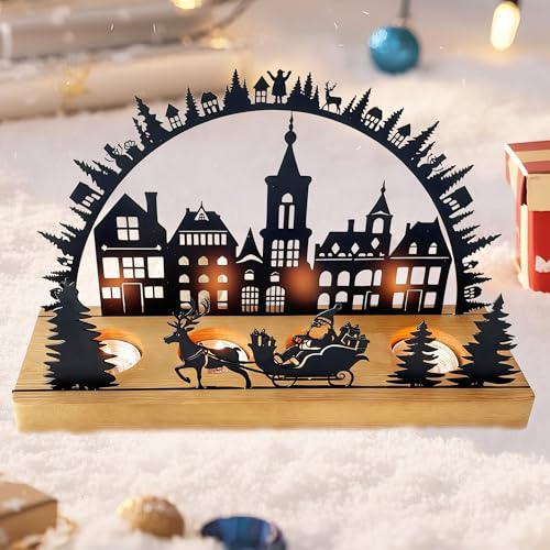 LYLIDIA Kerzenhalter Adventskranz Modern Adventsgestecke Teelichthalter Adventkranz Schwarz Metall mit Holz Haltern, Teelichter Kerzenständer Adventstablett Weihnachten Tisch Adventsdeko (Schwarz) von LYLIDIA
