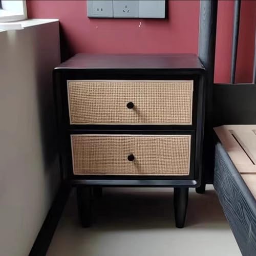 LYLXSF Log Simple Retro, Nachttisch mit 2 handgefertigten Rattan dekorierten Schubladen, Aufbewahrungsbett -Tisch, Seitenschrank, für Wohnzimmer -Schlafzimmermöbel (dunkle Holzfarbe 45x40x55 cm) von LYLXSF