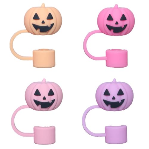 Halloween-Trinkhalm-Aufsätze, 4 Stück, Kürbis-Strohhalm-Abdeckungen, 10 mm, wiederverwendbar, Silikon-Trinkhalme, Spitzenabdeckungen, Herbst, Halloween, Tassen-Zubehör, niedliche Kürbis-Trinkhalme von LYLYNB