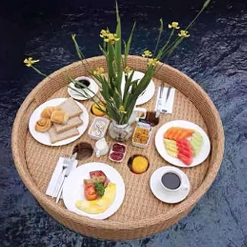 LYMGRZ Schwimmendes Tablett, Rattan-Serviertablett mit Griffen, stilvolles Tablett im Landhausstil für den Couchtisch, stilvolles Frühstückstablett auf dem Wasser, zum Servieren von Getränken am Po LYMGRZ Schwimmendes Tablett, Rattan-Serviertablett mit Griffen, stilvolles Tablett im Landhausstil für den Couchtisch, stilvolles Frühstückstablett auf dem Wasser, zum Servieren von Getränken am Po von LYMGRZ