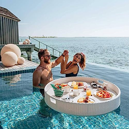 LYMGRZ Schwimmendes Tablett, rund, aus gewebtem Rattan, schwimmendes Frühstückstablett aus Rattan mit Griffen, Schwimmhilfen für Schwimmbäder, für Erwachsene, für Sandbänke, Spas, Bäder und Partys, von LYMGRZ