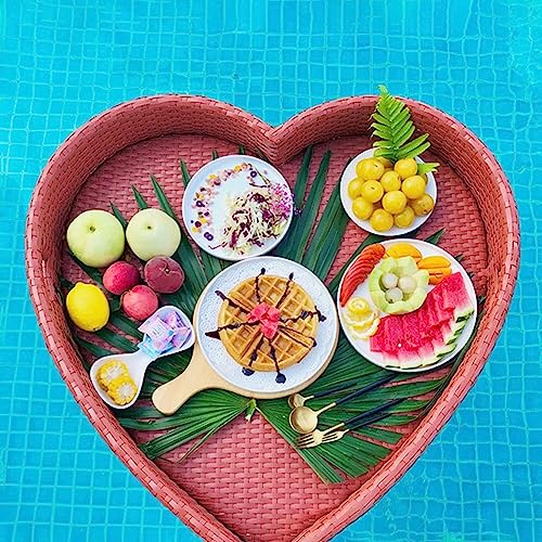 LYMGRZ Serviertablett aus gewebtem Rattan, schwimmendes Serviertablett aus gewebtem Rattan mit Griffen, herzförmiges Serviertablett aus gewebtem Rattan, zum Servieren von Getränken und Brunch-Essen von LYMGRZ