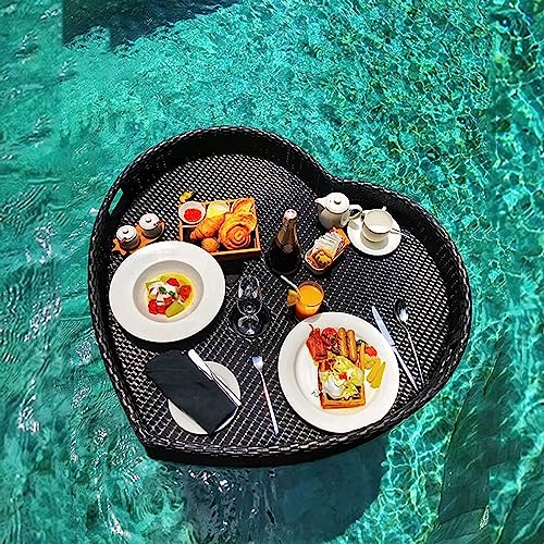 LYMGRZ Serviertablett aus gewebtem Rattan, schwimmendes Serviertablett aus gewebtem Rattan mit Griffen, herzförmiges Serviertablett aus gewebtem Rattan, zum Servieren von Getränken und Brunch-Essen von LYMGRZ