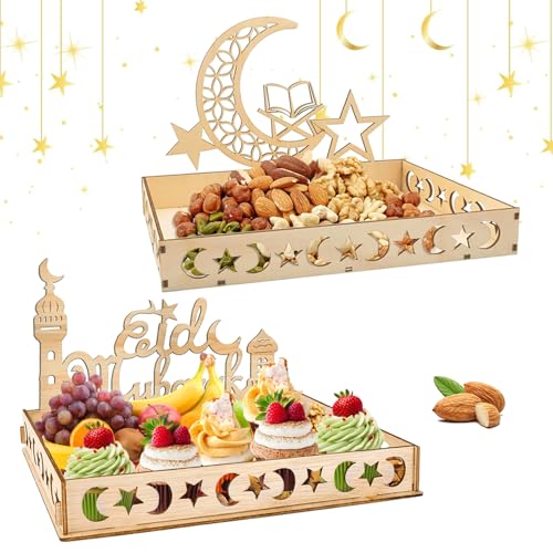 Ramadan Teller Eid Mubarak Tablett, 2 Stück Ramadan Dekoration Teller, Ramadan Holz Tablett Mond Stern Serviertablett für Süßigkeiten, Kuchen, Ramadan Tischdekoration Ramadan Teller Eid Mubarak Tablett, 2 Stück Ramadan Dekoration Teller, Ramadan Holz Tablett Mond Stern Serviertablett für Süßigkeiten, Kuchen, Ramadan Tischdekoration von LYNBLY