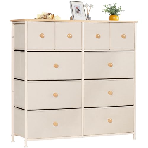 LYNCOHOME Kommode mit Schubladen aus Stoff, Sideboard mit 10 Stoffschubladen, Schubladenschrank Ordnungsmöbel für Küche Büro Flur, TV Schrank mit Schubladen von LYNCOHOME