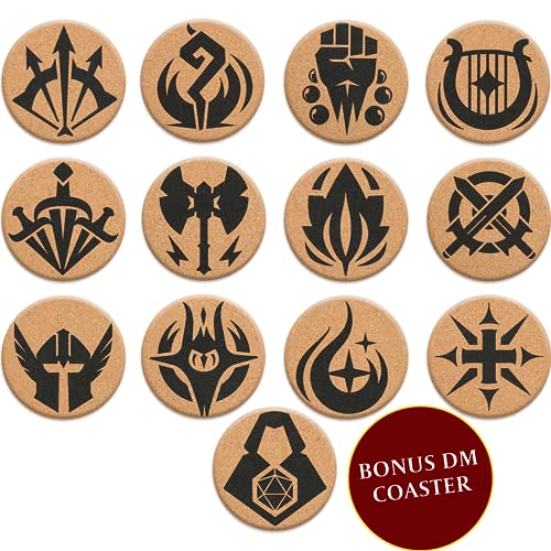 DND Korkuntersetzer Rund – 12 Untersetzer Kork – 12 Charaktere + DM – Dungeons & Dragons – D&D Board Game Symbole – Pen and Paper/DND Zubehör Nerd Geschenke Für Gamer/Gaming Zimmer Deko von LYNX