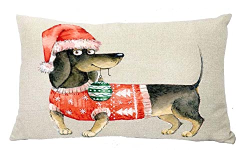 LYNZYM Merry Christmas Dackel mit Katze, Baumwollleinen, quadratisch, dekorativer Kissenbezug für Sofa, 30,5 x 50,8 cm, Halloween-Kissenbezüge von LYNZYM