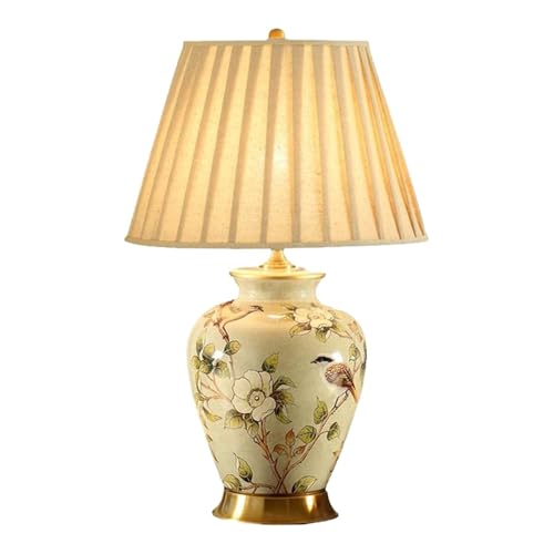 LYOUAE Tischleuchte Nachttischlampe Retro Blumenvogel Keramik Tischlampe Handbemalte Chinoiserie Schreibtischlampe mit Stofflampenschirm Nachttischlampe for Schlafzimmer Wohnzimmer Büro von LYOUAE