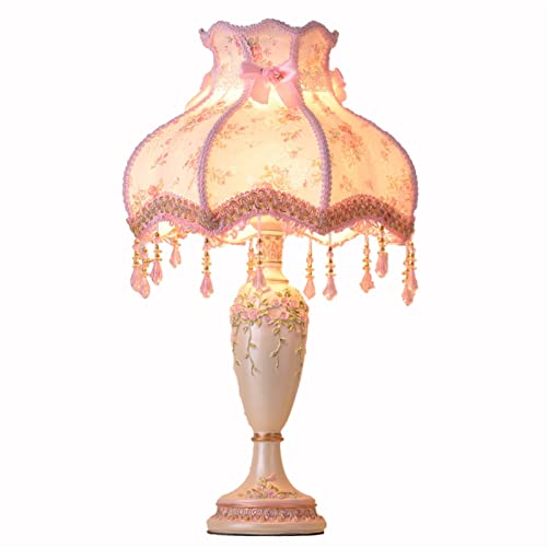 Schlafzimmer-Nachttischlampe Princess Pink Table Lamp Handmade Victorian Lace Fabric Lampshade Resin Flower Carved Base Desk Light for Living Room, Bedroom, Girl Room Decoration Schreibtischlampe Tisc von LYOUAE