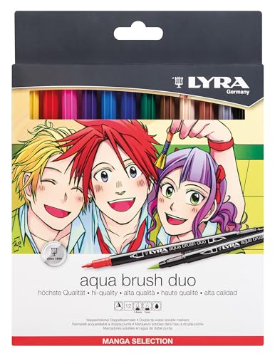 LYRA Aqua Brush Duo, wasserlöslicher Doppelfasermaler, mit feiner Rundspitze und Pinselspitze, Manga Selection, Kartonetui, 12 sortierte Farben von LYRA