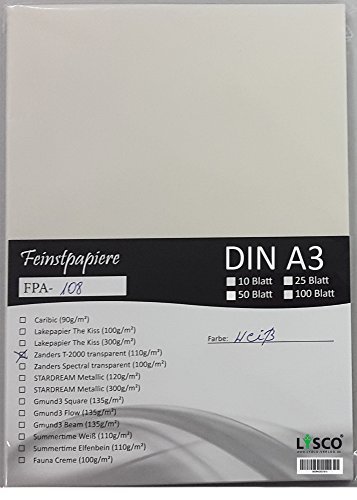 LYSCO® Feinstpapier-Set mit 50 Blatt DIN A3 Transparentpapier Zanders T2000 110g/m² exzellente Durchsicht, sehr gute Qualität, mögliche Verwendung: Einladungen, Visitenkarten, Einlegeblätter für Alben, Fotoalben, Fensterbilder, Bastelarbeiten und vieles mehr von LYSCO