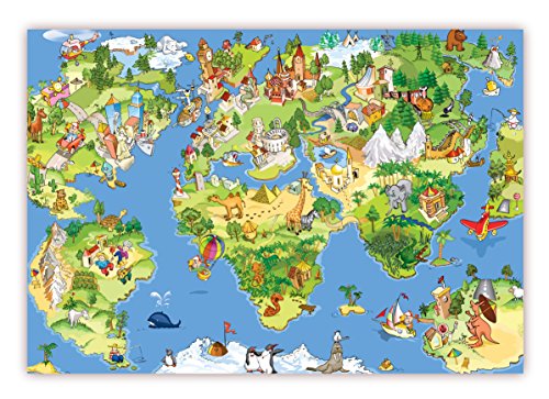 XXL Poster 100 x 70 cm (S-822) Wimmelbildposter Kinderposter schöne Weltkarte Landkarte mit Sehenswürdigkeiten und vielem zu entdecken von LYSCO