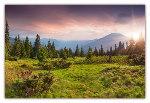 XXL Poster 100 x 70cm (F-218) Grüne Wiese mit umstehendem Wald im Hintergrund imposante Gebirge und die Sonne strahlt in ihrem Glanz (Lieferung gerollt!) von LYSCO