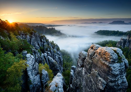 XXL Poster 100 x 70cm (S-842) Elbsandsteingebirge beim Sonnenaufgang und Nebel im Tal (Lieferung gerollt!) von LYSCO