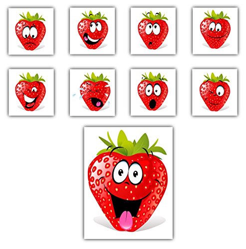 9 verschiedene Folienaufkleber mit Erdbeeren, Aufkleber mit Erdbeer-Gesichtern Größe ca. 5,5 x 5,5 cm von LYSCO