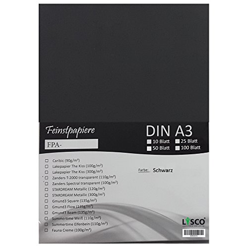 GMUND Transparentpapier DIN A3 Farbe Schwarz / LYSCO® Feinstpapierset mit 100 Blatt Inhalt (FPA-125) - bedruckbar, sehr gute Qualität, für Einladungen, als Einlegeblätter für Alben, Fotoalben, Fensterbilder, Bastelarbeiten uvm. von LYSCO