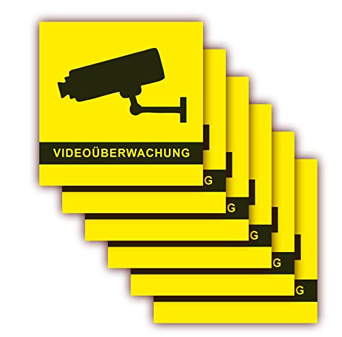 LYSCO 6 Stück - XL Folienaufkleber Videoüberwachung gelb Größe 10 x 10cm - für innen und außen geeignet (507g) von LYSCO