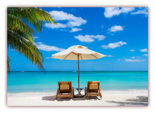 LYSCO XXL Poster 100 x 70cm (S-817) Palmenstrand mit blauem Wasser und weißem Sand, Strand mit Liegestühlen und Sonnenschirm (Lieferung gerollt!) von LYSCO