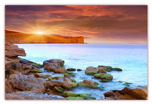 LYSCO XXL Poster 100 x 70cm Meereslandschaft mit Steilküste und Sonnenschein - Steine am Strand (Ungerahmt, Wohnzimmer, Schlafzimmer, modernes Büro) von LYSCO