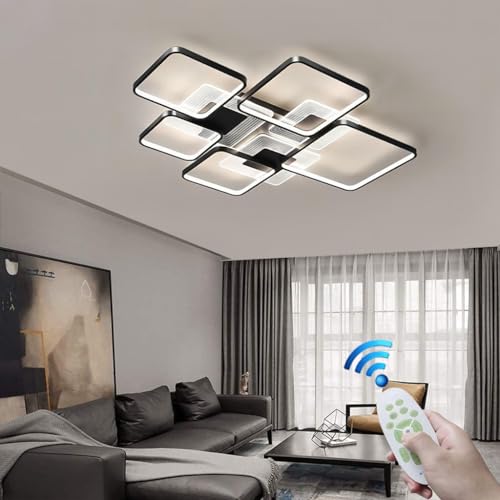LYSDjia Deckenleuchte modern LED 110cm Schwarz moderner Kronleuchter Acryl moderne Deckenlampe für Wohnzimmer Leuchte Deckenlampen dimmbar mit Fernbedienung 5 quadratischer Rahmen Deckenlicht (Color von LYSDjia