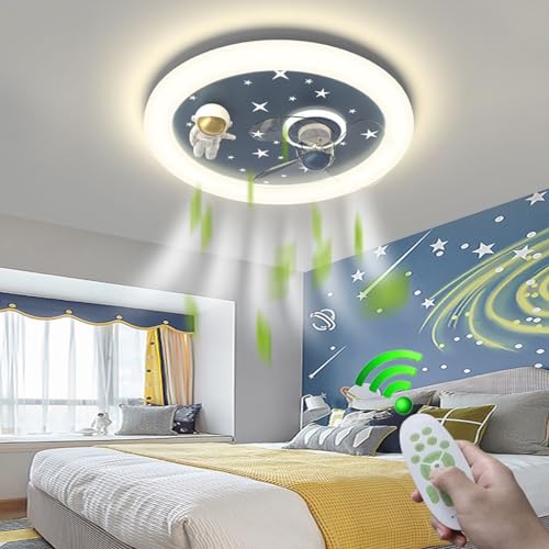 LYSDjia Deckenventilator mit Beleuchtung LED Cartoon Astronauten design Deckenleuchte mit Ventilator Fernbedienung Leise 6 Lüftungsgeschwindigkeiten Dimmbare Timer Lampe für Schlafzimmer Wohnzimmer Es von LYSDjia
