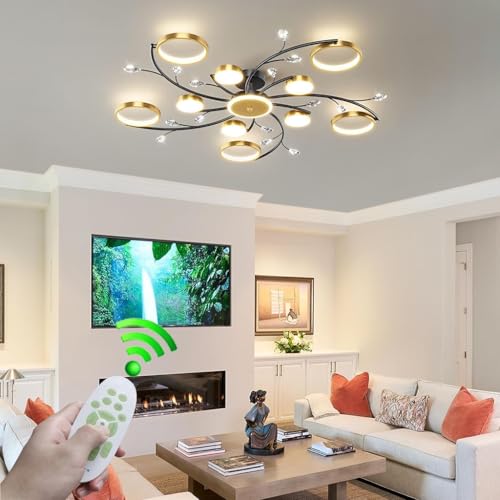 LYSDjia Kristall Deckenlampe LED modern Deckenlicht mit Fernbedienung Dimmbar Wohnzimmer Deckenleuchte schicke Form Gold Aluminium Kronleuchter Acryl Lampenschirm Esstisch Flurbeleuchtung Innenlampe(1 von LYSDjia