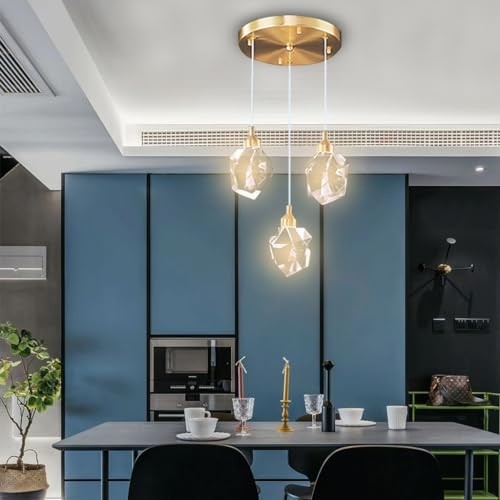 LYSDjia Kristall Pendelleuchte mit 3 Lichtern moderner Cluster Kronleuchter dimmbare LED Hängelampe mit goldenem Tropfen Design stilvolle Beleuchtung für Kücheninsel Esszimmer Flur Badezimmer (Color von LYSDjia