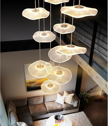LYSDjia Kronleuchter hohe Decken dimmbar modern goldene Pendelleuchte in Lotusblattform spiralförmige luxuriöse lineare LED Lampe Hängelampe geeignet für Foyer Eingang Treppenhaus Villa Wohnzimmer von LYSDjia