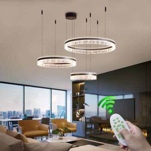 LYSDjia Modern Aluminium Pendelleuchte LED Dimmbar Pendellampe Esstischlampe 135W 3-Ring Höhenverstellbar Hängeleuchte Braune Acryl Kronleuchter mit fernbedienung Wohnzimmer Esszimmer Hängelampe(Size: von LYSDjia