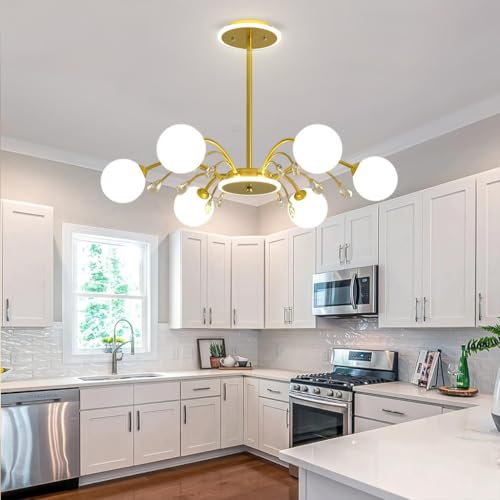 LYSDjia Sputnik Kronleuchter Gold moderne Deckenleuchte aus der Mitte des Jahrhunderts Kristalldekoration Pendelleuchte mit milchweißem Glasschirm für Wohnzimmer Küche Schlafzimmer Esszimmer und Bauer von LYSDjia